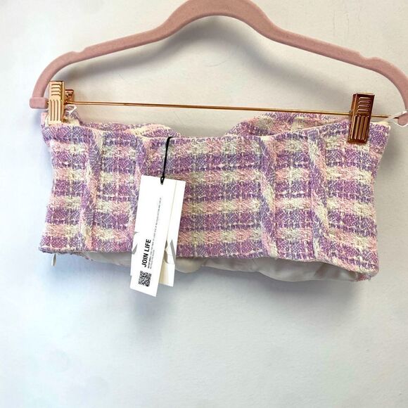NWT Zara Pink Purple White Plaid Tweed Textured Corset Crop Top Sz M - Picture 4 of 9